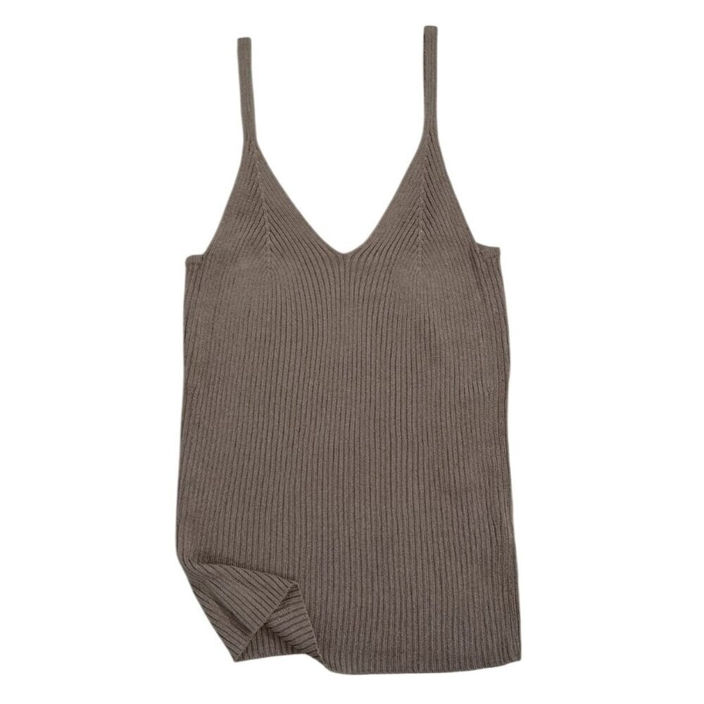 Elie Tahari Ribbed Knit Spaghetti Strap Tank Top V-Neck Taupe Womens S/P, NWT